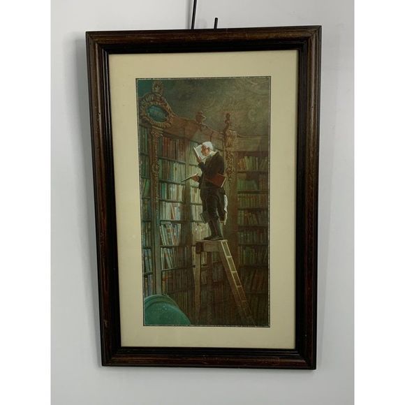 Vintage Bookworm Print by Spitzweg Framed 27" x 17.5" Home Decore 6391